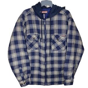 Craftsman Men’s Sz Med Blue Cream Plaid Zip Flannel Quilted Lined Hooded Shacket